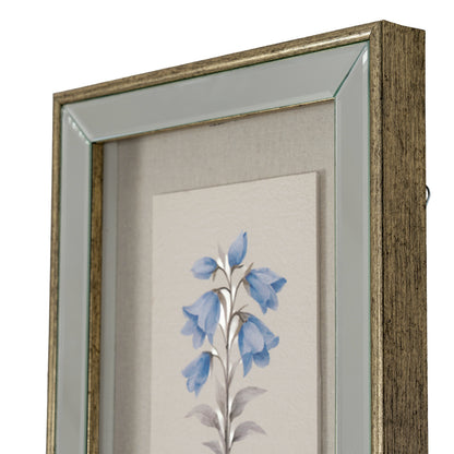 A framed floral art print featuring blue bell-shaped flowers on a beige background, enclosed in a textured brown wood frame with a light gray inner border.