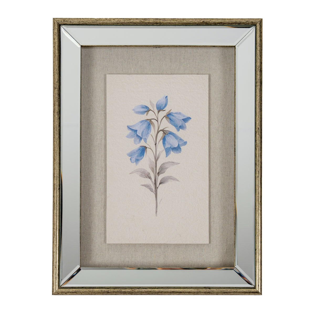 A framed botanical art print featuring blue bell-shaped flowers on a beige linen-textured mat and a distressed gold mirror frame, shown against a plain white background.