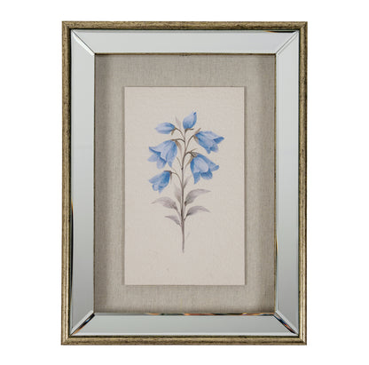 A framed botanical art print featuring blue bell-shaped flowers on a beige linen-textured mat and a distressed gold mirror frame, shown against a plain white background.