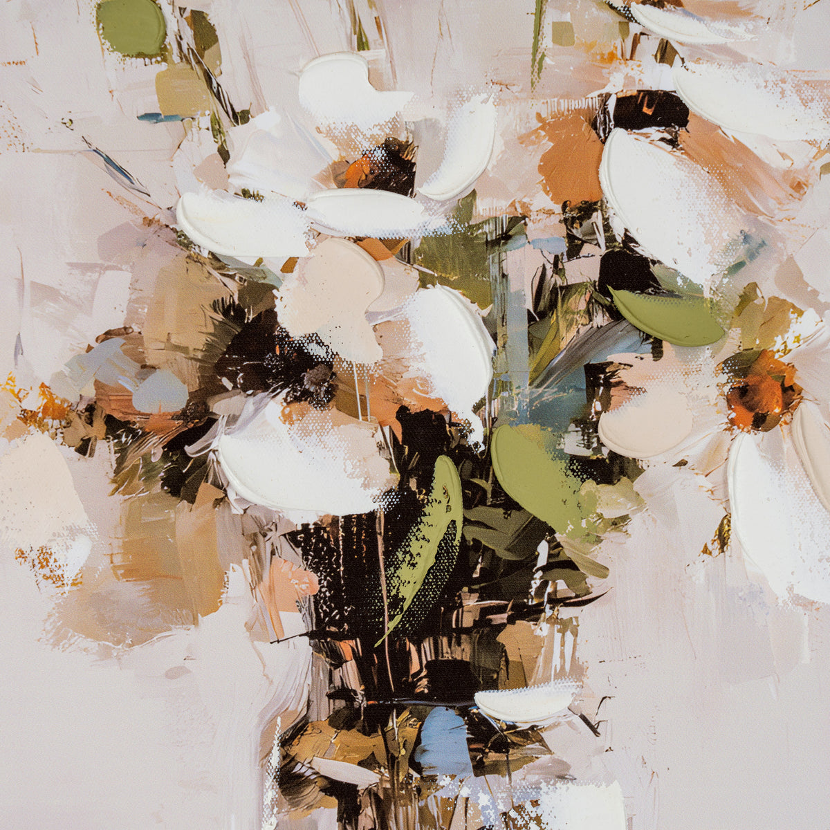 An abstract floral painting featuring expressive white blossoms with green and brown leaves, rendered in textured brushstrokes of beige, black, and soft blue on a light background.