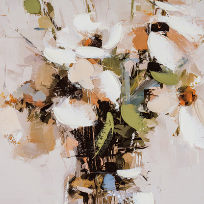 An abstract floral painting featuring expressive white blossoms with green and brown leaves, rendered in textured brushstrokes of beige, black, and soft blue on a light background.