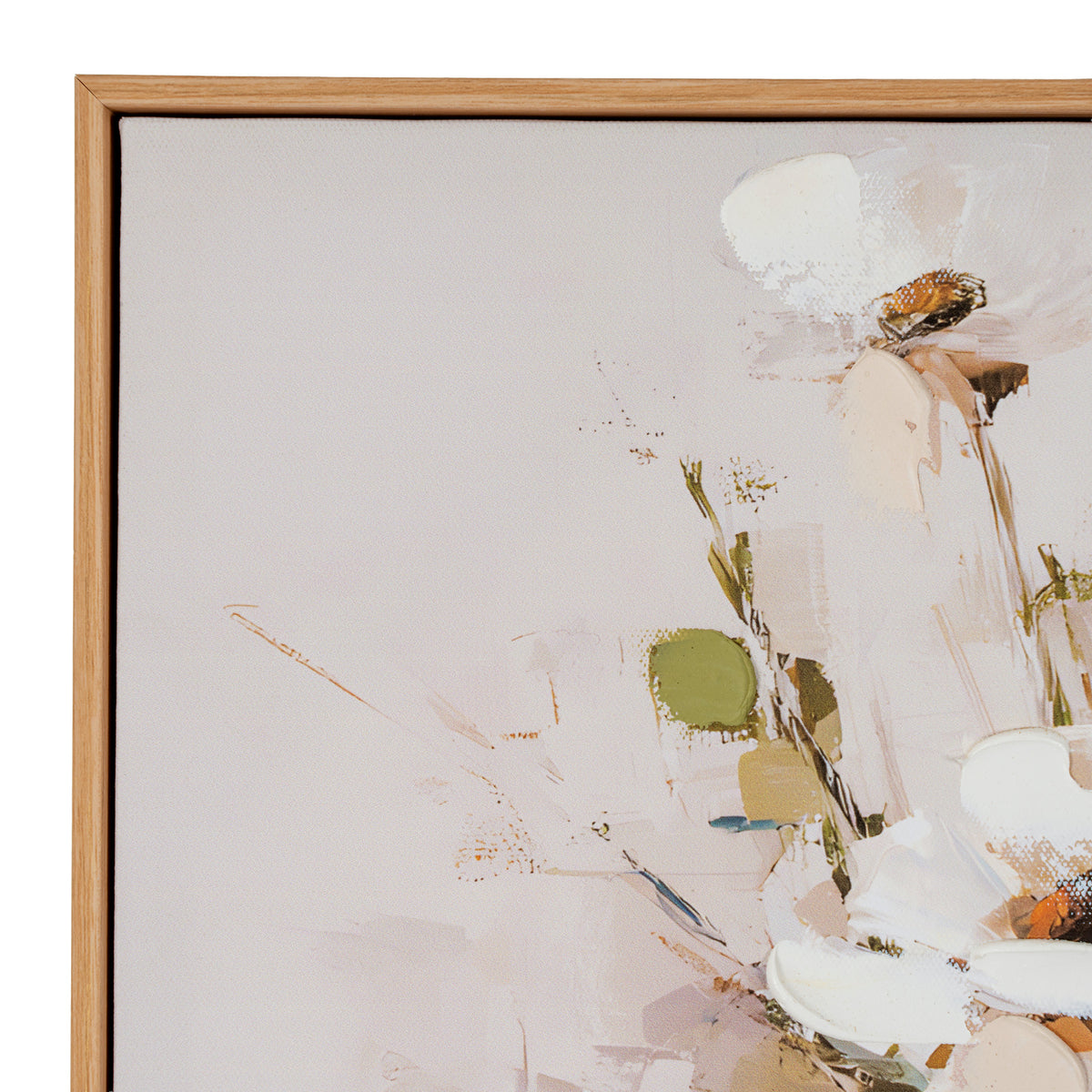 Close-up of a framed abstract floral painting with soft cream, beige, white, muted green, and brown brushstrokes, shown with a light natural wood frame against a white background.