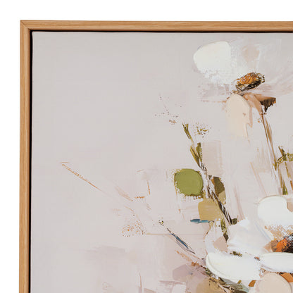 Close-up of a framed abstract floral painting with soft cream, beige, white, muted green, and brown brushstrokes, shown with a light natural wood frame against a white background.