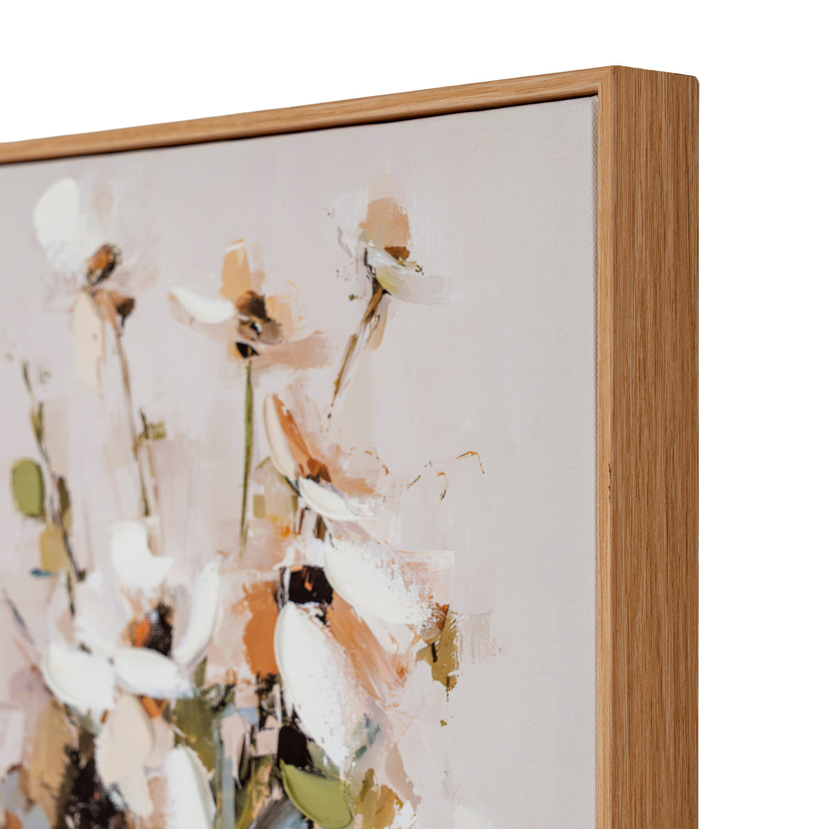 Close-up of a framed abstract floral painting with white and beige blossoms, showing a light natural wood frame against a white background.