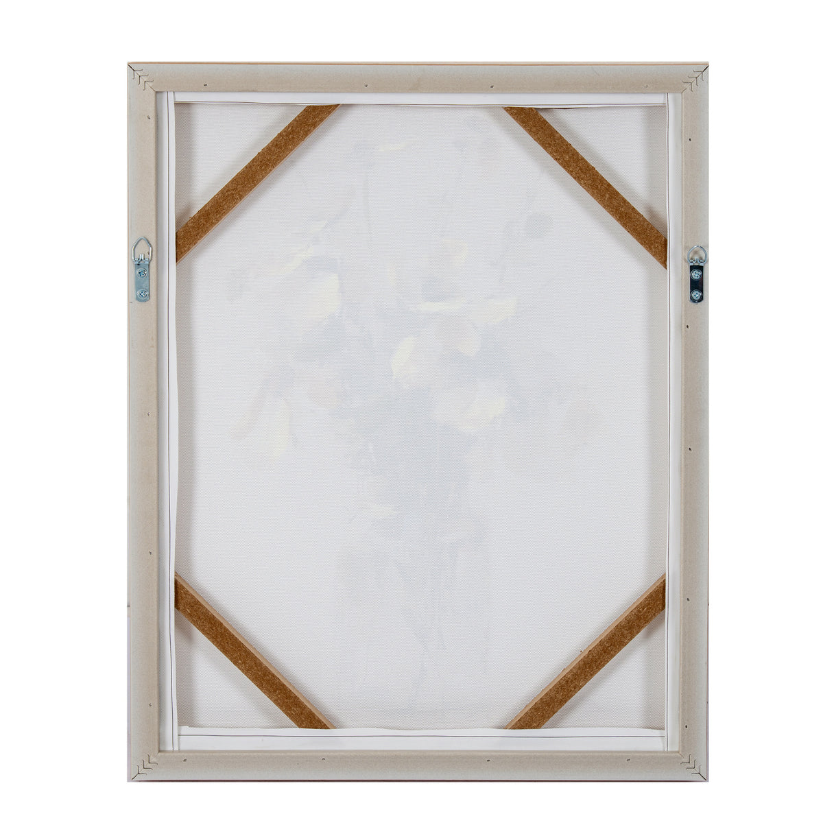 The back view of a square canvas print in a light beige frame, showing the white stretched canvas, corner support strips, and hanging hardware on a plain white background.
