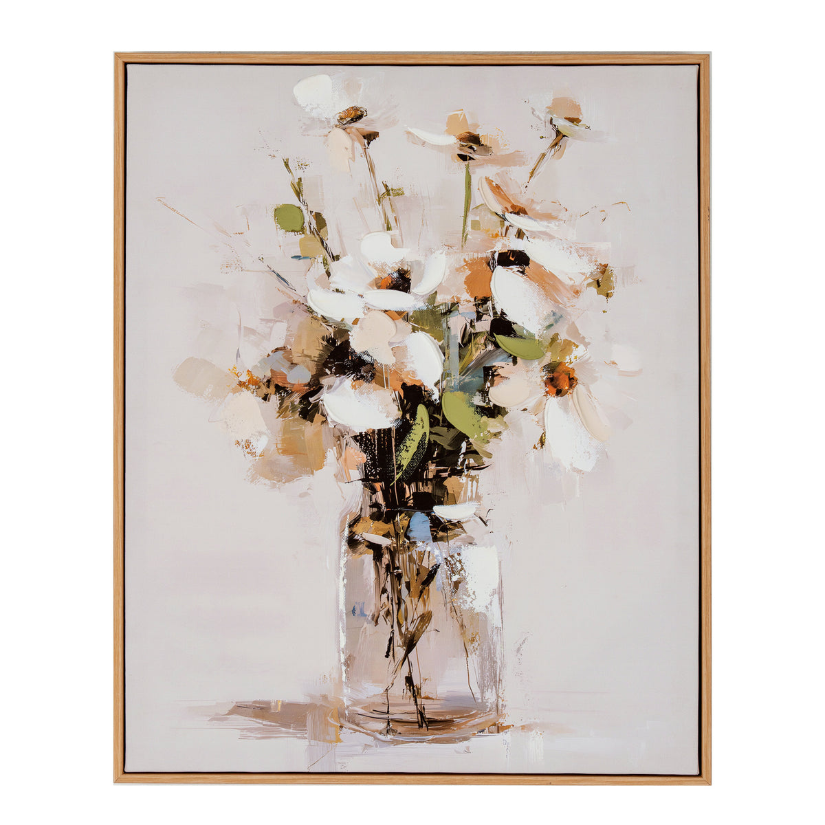 An abstract floral painting in a square wooden frame, featuring white and beige flowers with green leaves in a clear glass vase against a light beige background.