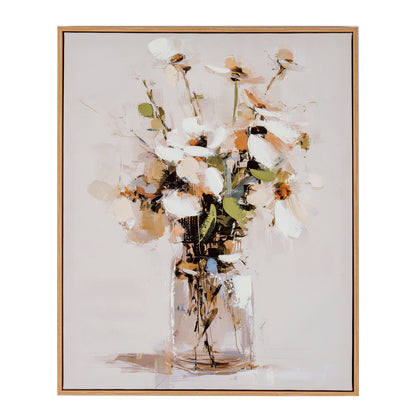 An abstract floral painting in a square wooden frame, featuring white and beige flowers with green leaves in a clear glass vase against a light beige background.