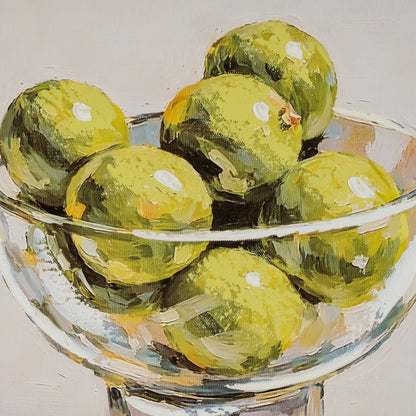 A still life painting of green olives in a clear glass bowl, rendered with expressive brushstrokes in yellow-green, olive, and gray tones against a light neutral background.