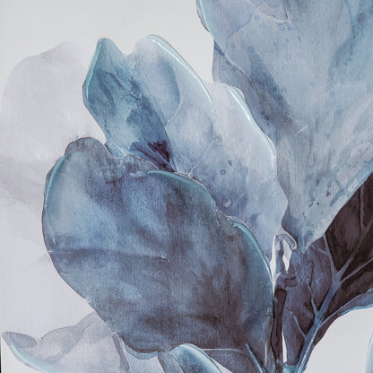 Abstract watercolor floral artwork featuring large blue and gray leaves on a light off-white background.
