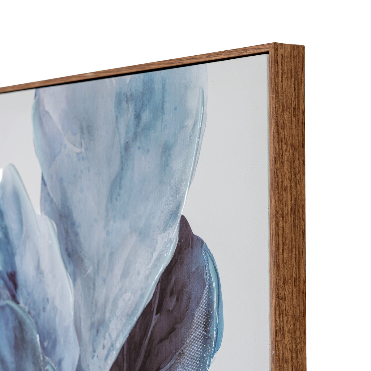 Close-up of a framed abstract wall art print showing a blue and gray watercolor-style design with a medium brown wood frame on a white background.