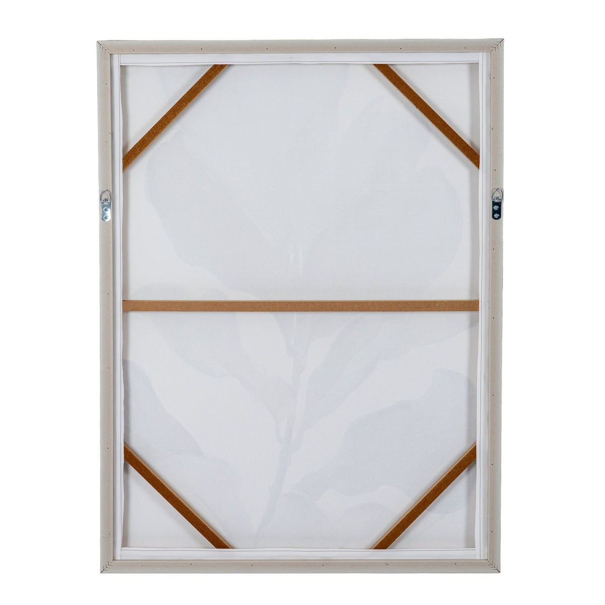 The back view of a framed canvas print, showing a white canvas stretched over a light gray frame with wooden support bars and metal hanging hardware on the sides.