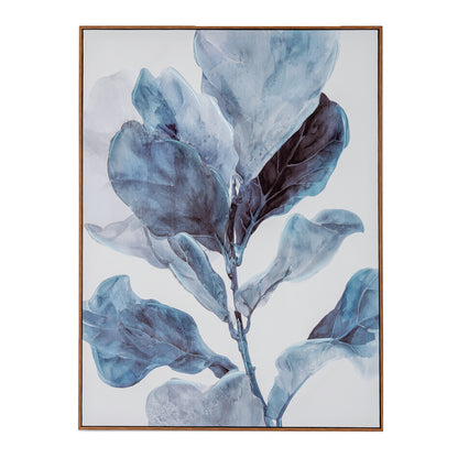 A framed botanical art print featuring watercolor-style blue and gray fiddle-leaf fig leaves on a light background, enclosed in a thin brown frame.