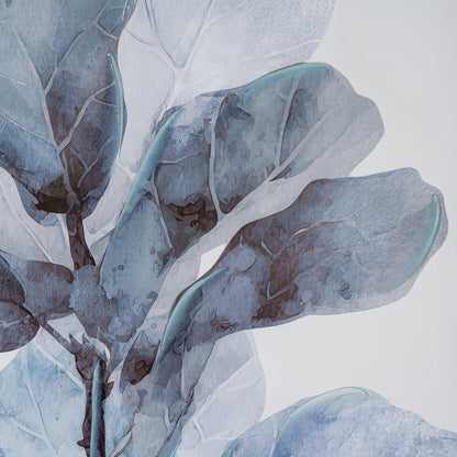 Abstract botanical artwork featuring layered translucent leaves in muted blue, gray, and white tones on a pale background.