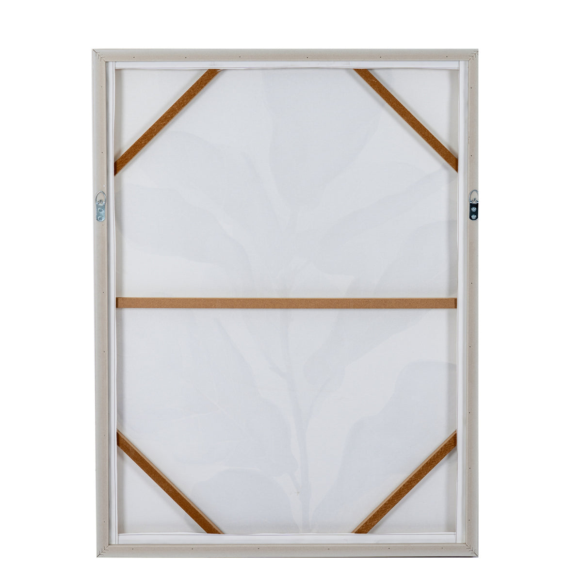 The back view of a large white canvas print or wall art panel, showing the wooden canvas frame, support bars, and hanging hardware against a plain white background.