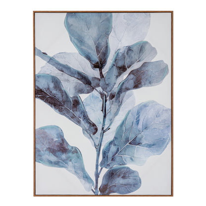 Framed botanical wall art featuring translucent blue and gray fiddle-leaf fig leaves on a white background, enclosed in a thin warm wood frame.
