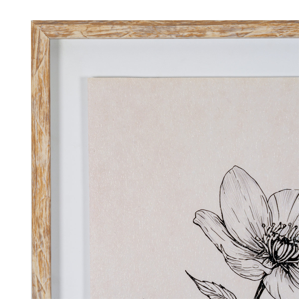 Close-up of a framed art print featuring a black line drawing of a flower on a textured beige background, with a light wood frame and white mat visible.