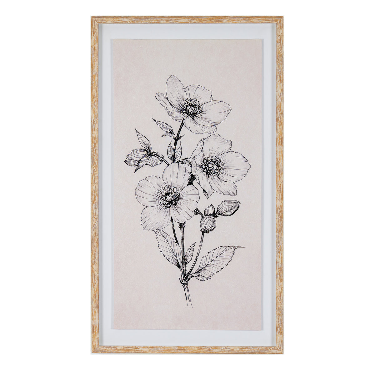 Framed botanical art print featuring black line drawings of flowers and leaves on a warm beige background, enclosed in a distressed light wood frame with a white mat.