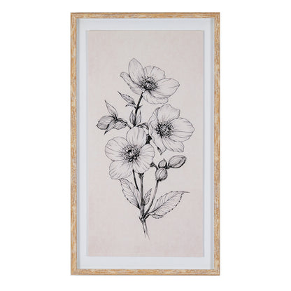 Framed botanical art print featuring black line drawings of flowers and leaves on a warm beige background, enclosed in a distressed light wood frame with a white mat.