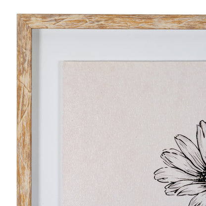 Close-up of a framed art print showing a light natural wood frame, white mat board, textured off-white paper, and a black line drawing of a flower.