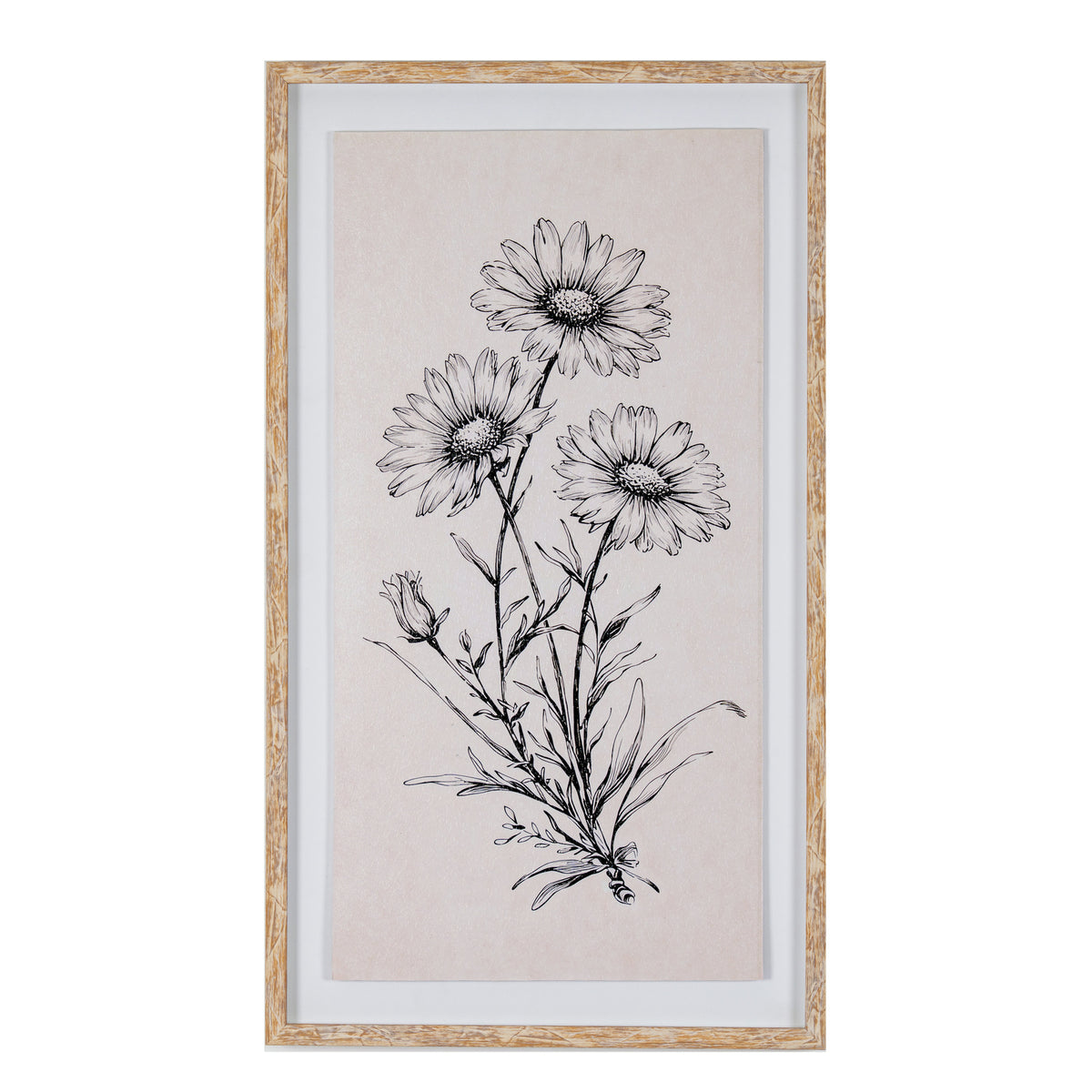 Framed botanical art print featuring three black ink-drawn daisy flowers on a warm beige background, enclosed in a white mat and a rustic light wood frame.