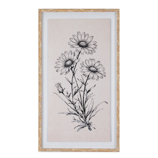 Framed botanical art print featuring three black ink-drawn daisy flowers on a warm beige background, enclosed in a white mat and a rustic light wood frame.
