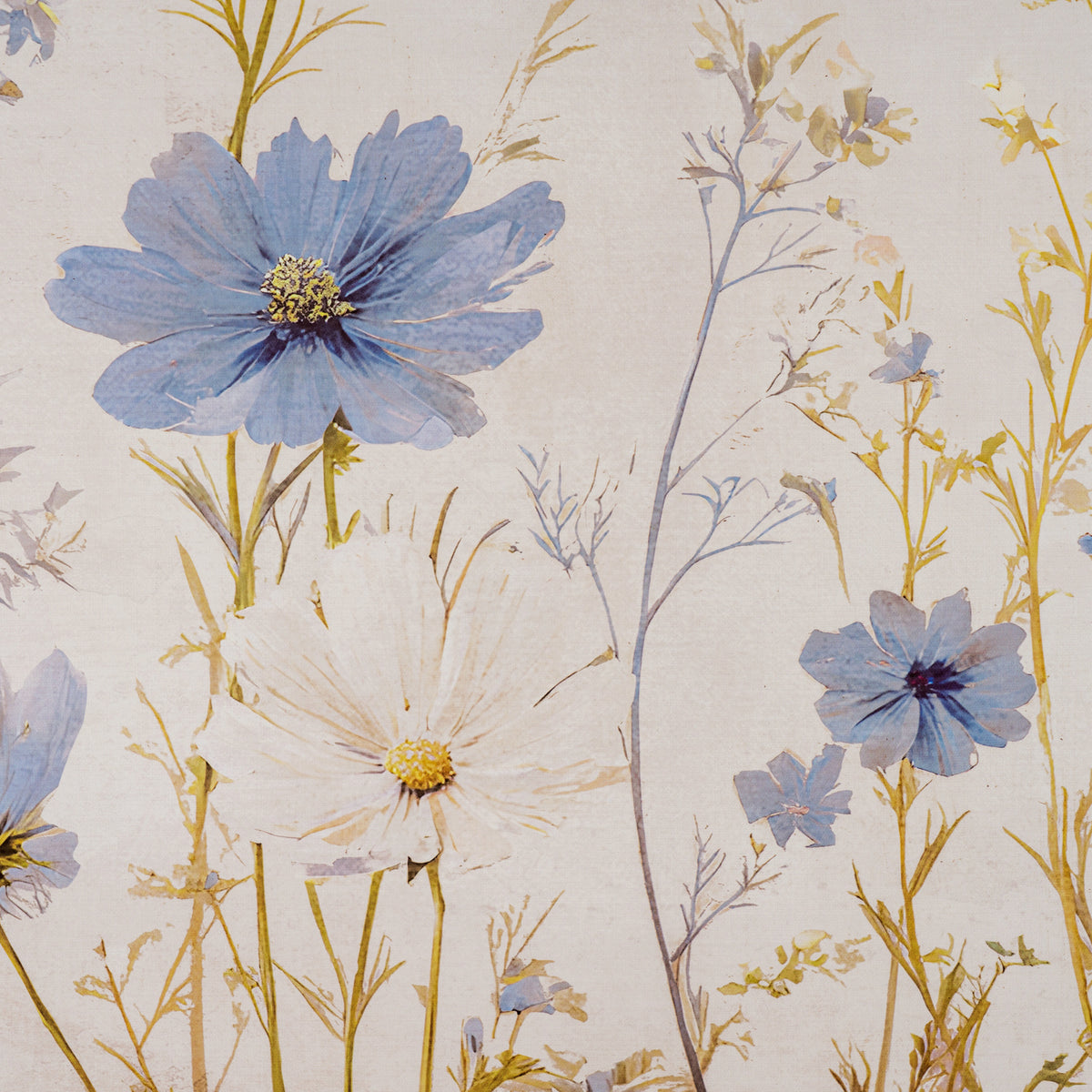 Floral wallpaper pattern featuring large blue and white flowers with delicate yellow and green stems on a warm cream background.