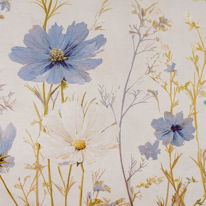 Floral wallpaper pattern featuring large blue and white flowers with delicate yellow and green stems on a warm cream background.