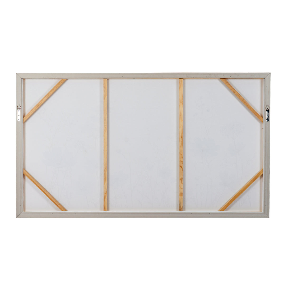 A rectangular canvas or wall art panel with a light wood frame, shown from the back against a plain white background. The back features three vertical support beams and diagonal bracing elements made of natural wood, with metal hanging hardware visible on the left and right edges.