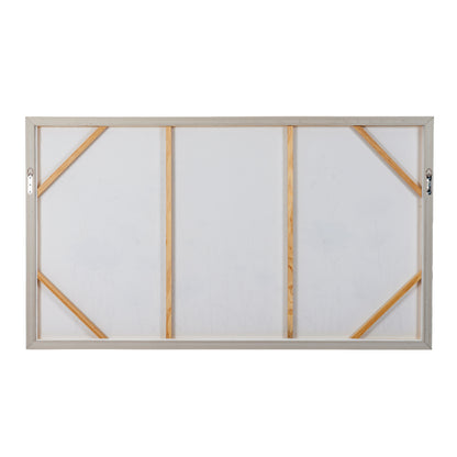 A rectangular canvas or wall art panel with a light wood frame, shown from the back against a plain white background. The back features three vertical support beams and diagonal bracing elements made of natural wood, with metal hanging hardware visible on the left and right edges.