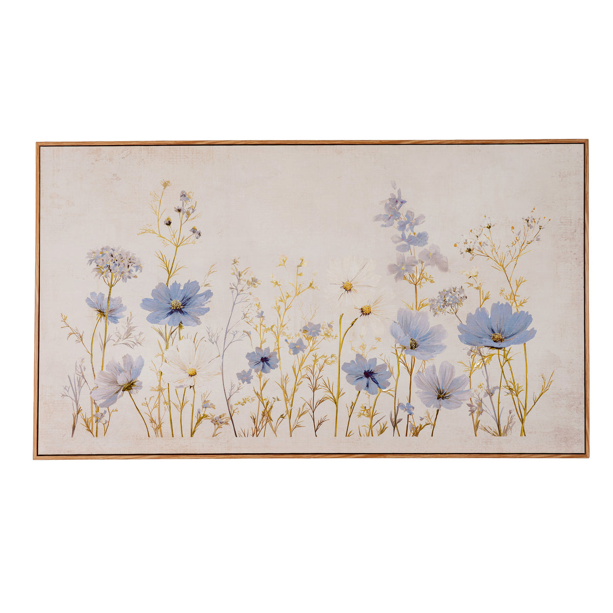A rectangular framed wall art print featuring a delicate floral illustration with light blue flowers and thin golden stems on a warm off-white background, shown against a plain white backdrop.