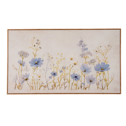 A rectangular framed wall art print featuring a delicate floral illustration with light blue flowers and thin golden stems on a warm off-white background, shown against a plain white backdrop.