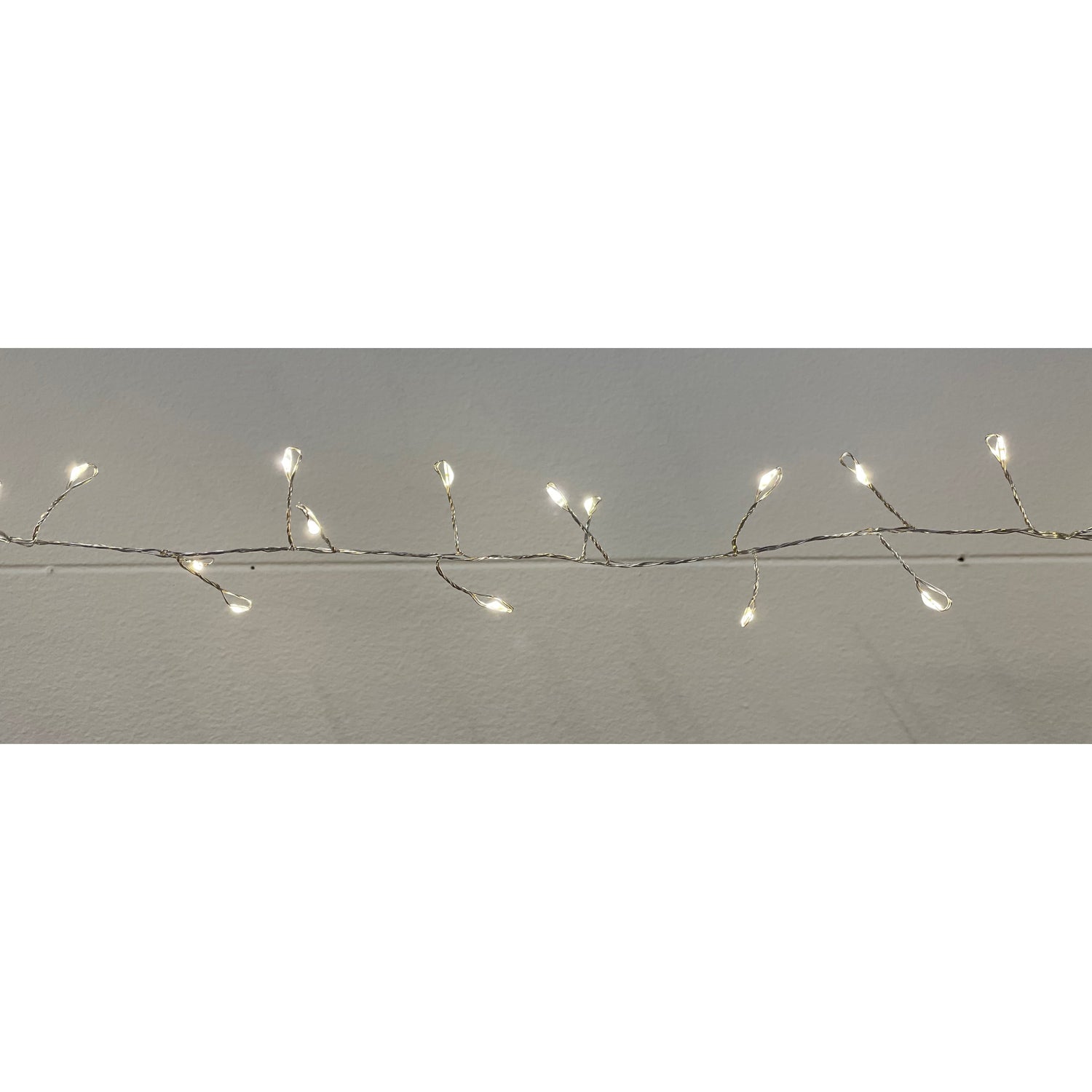 String of small lights on a branch against a plain background