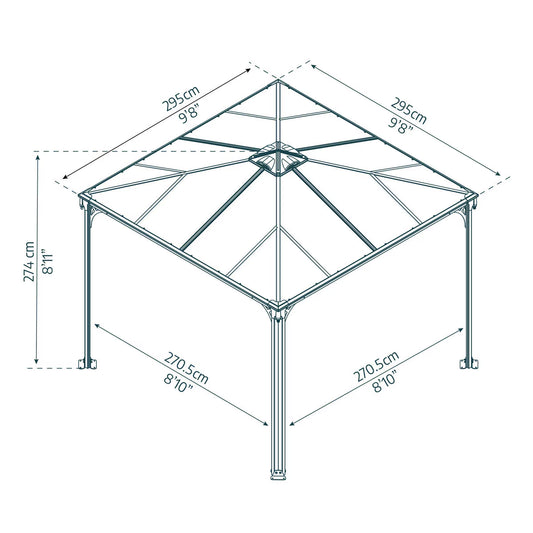 Palram Canopia Palermo 9Ft 8" X 9Ft 8" (3 X 3M) Aluminium and Polycarbonate Gazebo