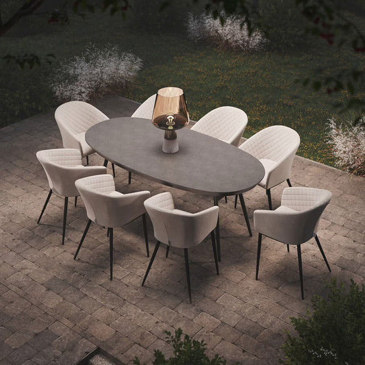 Maze Ambition 9 Piece Oval Dining Patio Set + Cover (In Oatmeal)