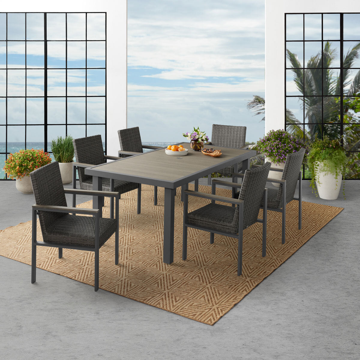 Modern Luxury Agio Maricopa 7 Piece Woven Dining Set with Padded Seats + Cover