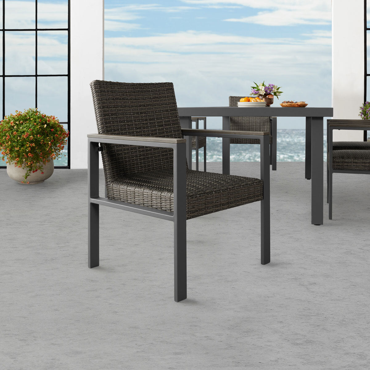 Modern Luxury Agio Maricopa 7 Piece Woven Dining Set with Padded Seats + Cover