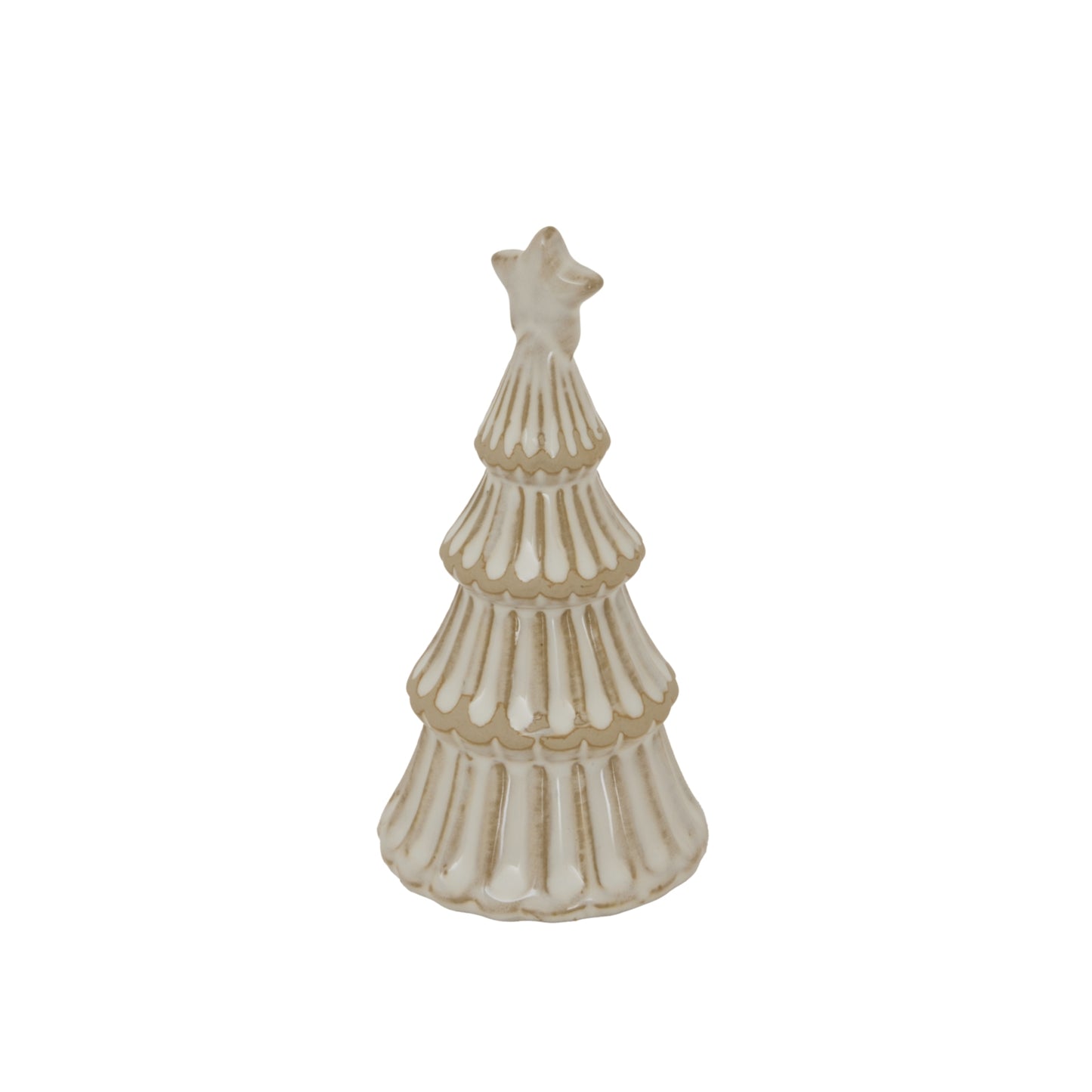 Decorative Christmas tree figurine with a star on top against a white background