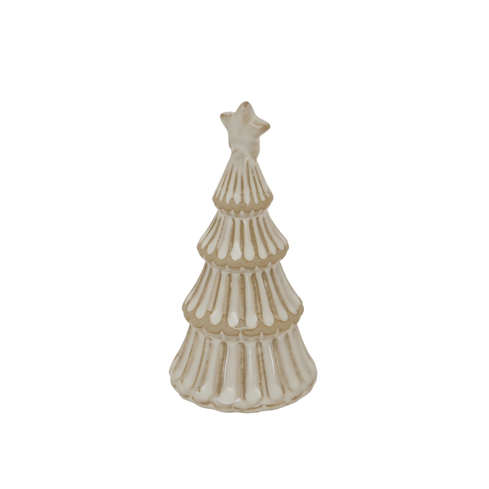 Decorative Christmas tree figurine with a star on top against a white background