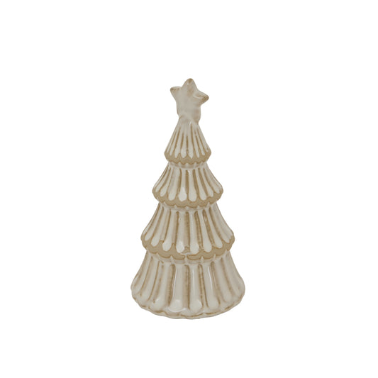 Decorative Christmas tree figurine with a star on top against a white background