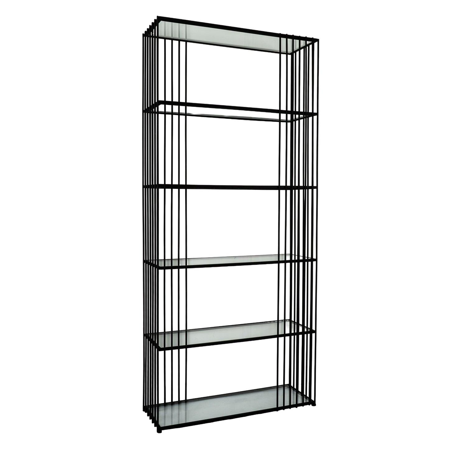 Black metal bookshelf with glass shelves on a white background