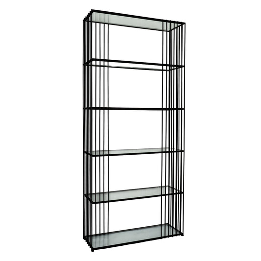 Black metal bookshelf with glass shelves on a white background