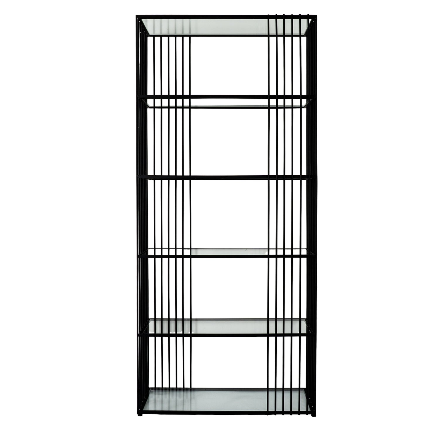 Black metal bookshelf with glass panels on a white background