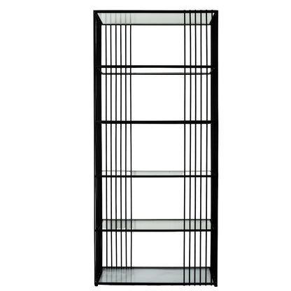 Black metal bookshelf with glass panels on a white background