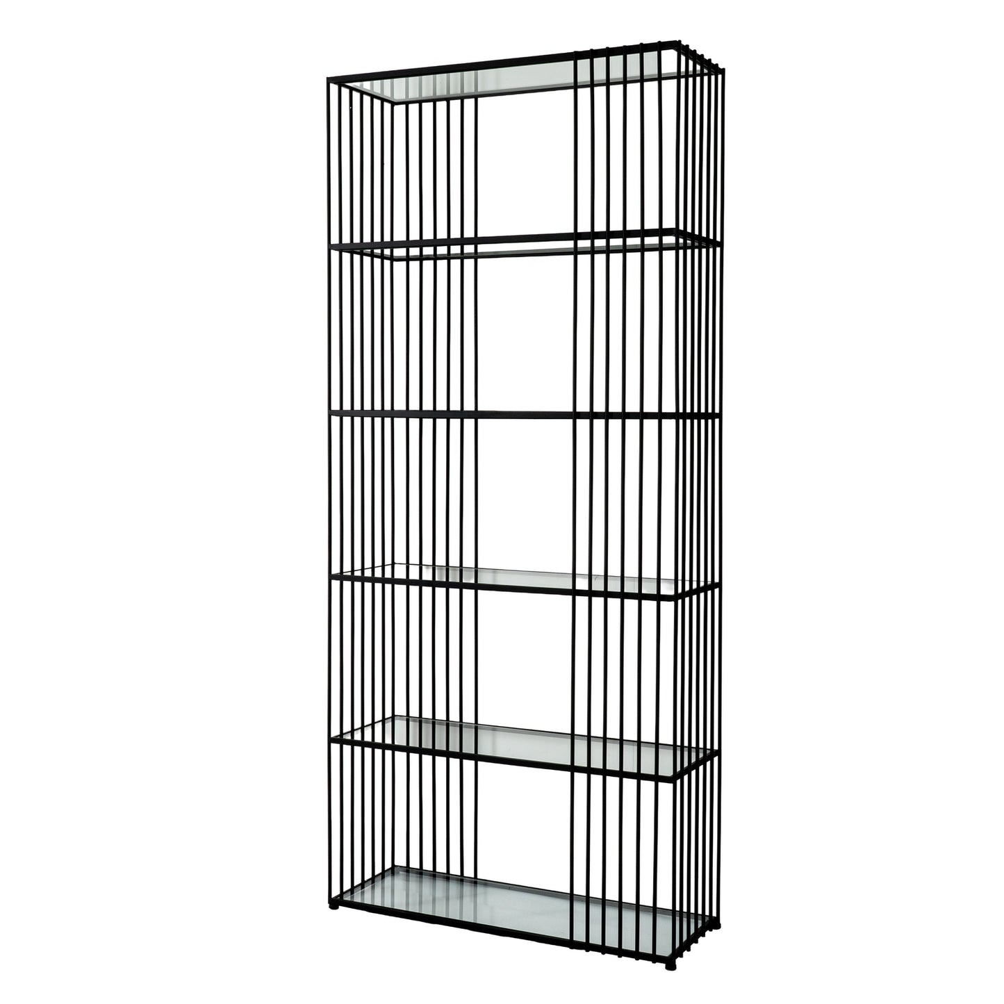 Black metal bookshelf with four shelves on a white background