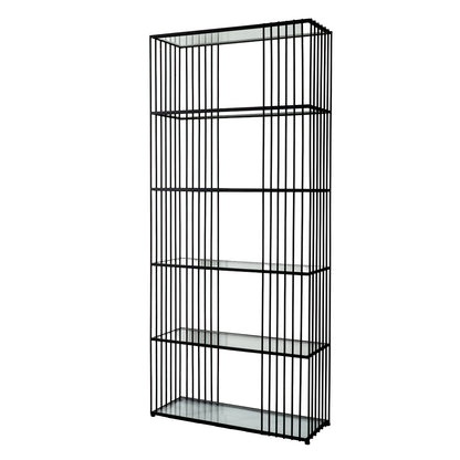 Black metal bookshelf with four shelves on a white background