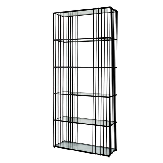 Black metal bookshelf with four shelves on a white background