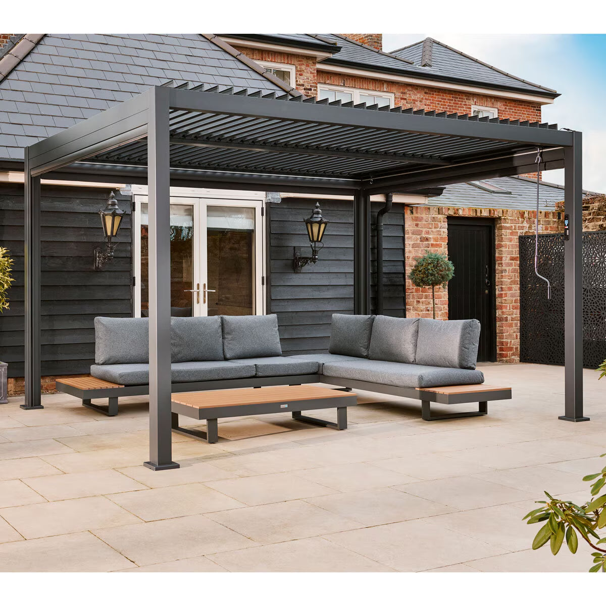 Alvivo 9Ft 7" X 12Ft 10" (2.9 X 3.9M) Louvered Aluminium Pergola Bundle with Pull-Down Screens & LED Lights