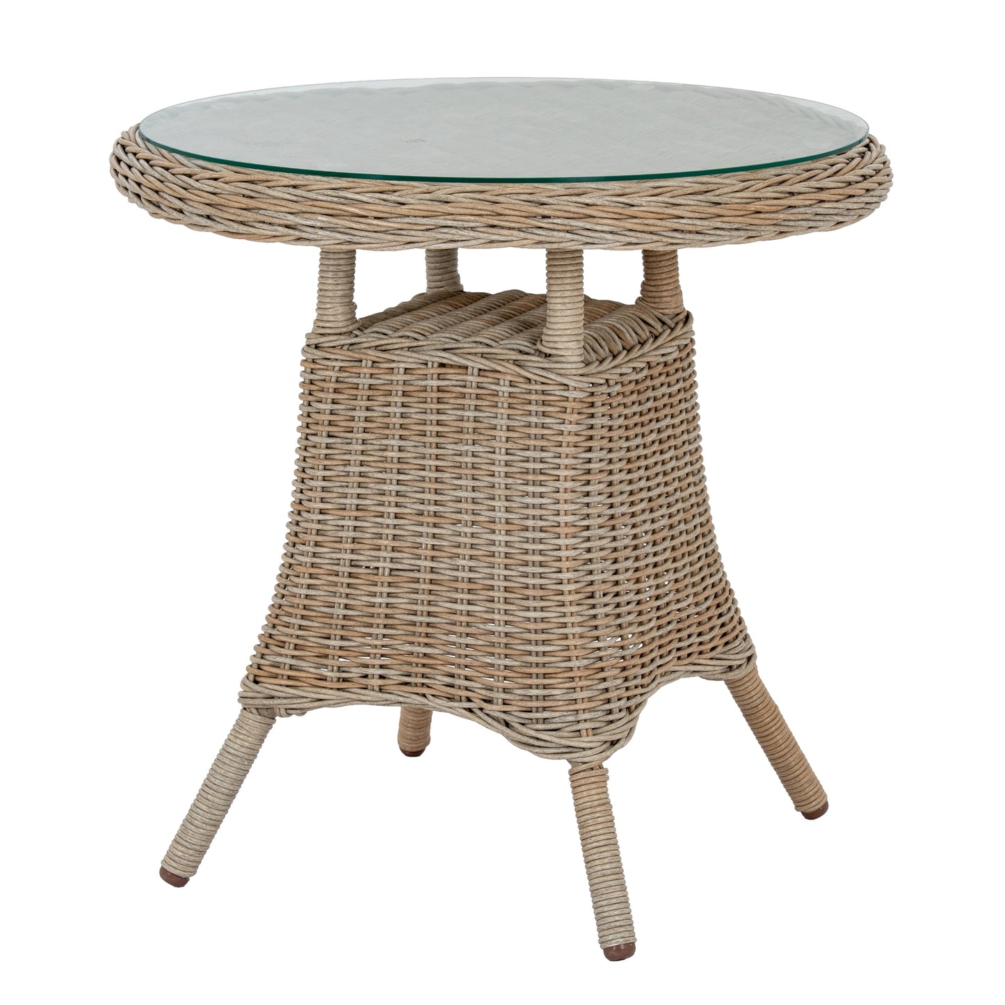 Round wicker side table with a glass top on a white background