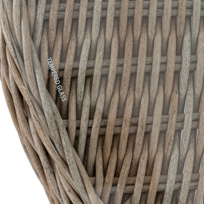 Close-up of a woven basket with 'Tempered Glass' label on a white background