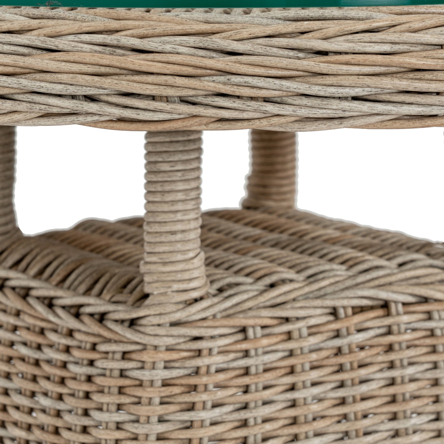 Close-up of a woven wicker stool with a blurred background